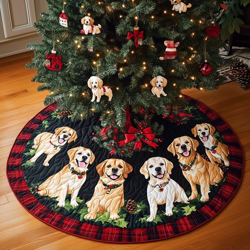 Festive Red Christmas Tree Skirt Adorned With Golden Retrievers And Candy Canes — Custom Pet Holiday Decoration, Made-To-Order