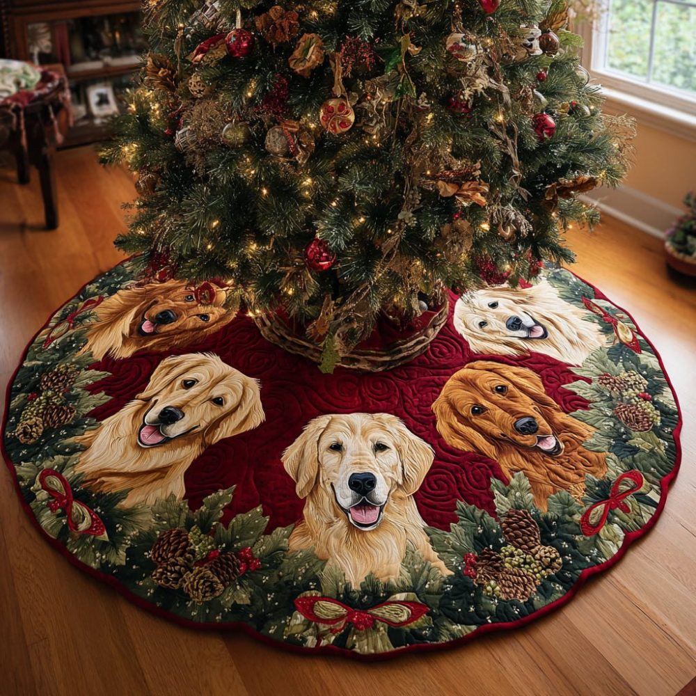 Red Scarf Golden Retriever Wreath Style Tree Skirt — Custom Holiday Tree Skirt For Dog Lovers And Festive Rooms, Made-To-Order