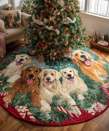 Custom Ivory Christmas Tree Skirt Featuring Golden Retriever Puppies And Gift Motifs — Made-To-Order Holiday Décor For Dog Lovers
