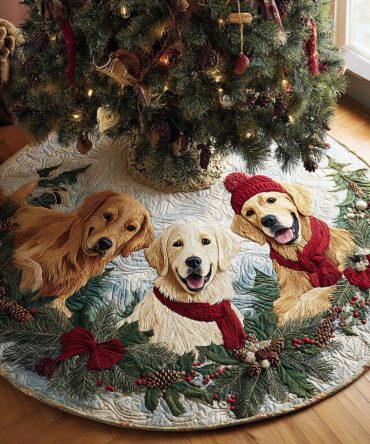 Golden Retrievers Wearing Red Earmuffs Christmas Tree Skirt - Cozy Custom Holiday Skirt, Made-To-Order Pet Lover Gift & Decor