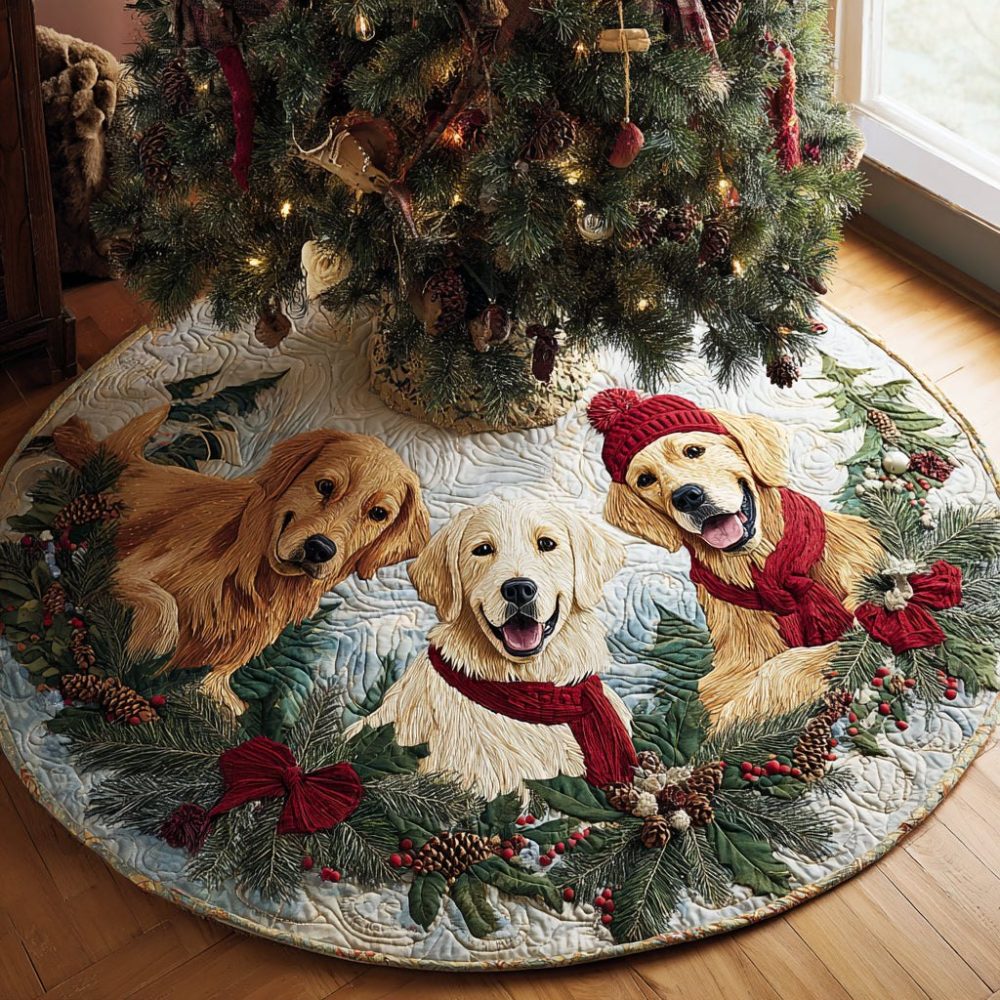 Golden Retrievers Wearing Red Earmuffs Christmas Tree Skirt - Cozy Custom Holiday Skirt, Made-To-Order Pet Lover Gift & Decor