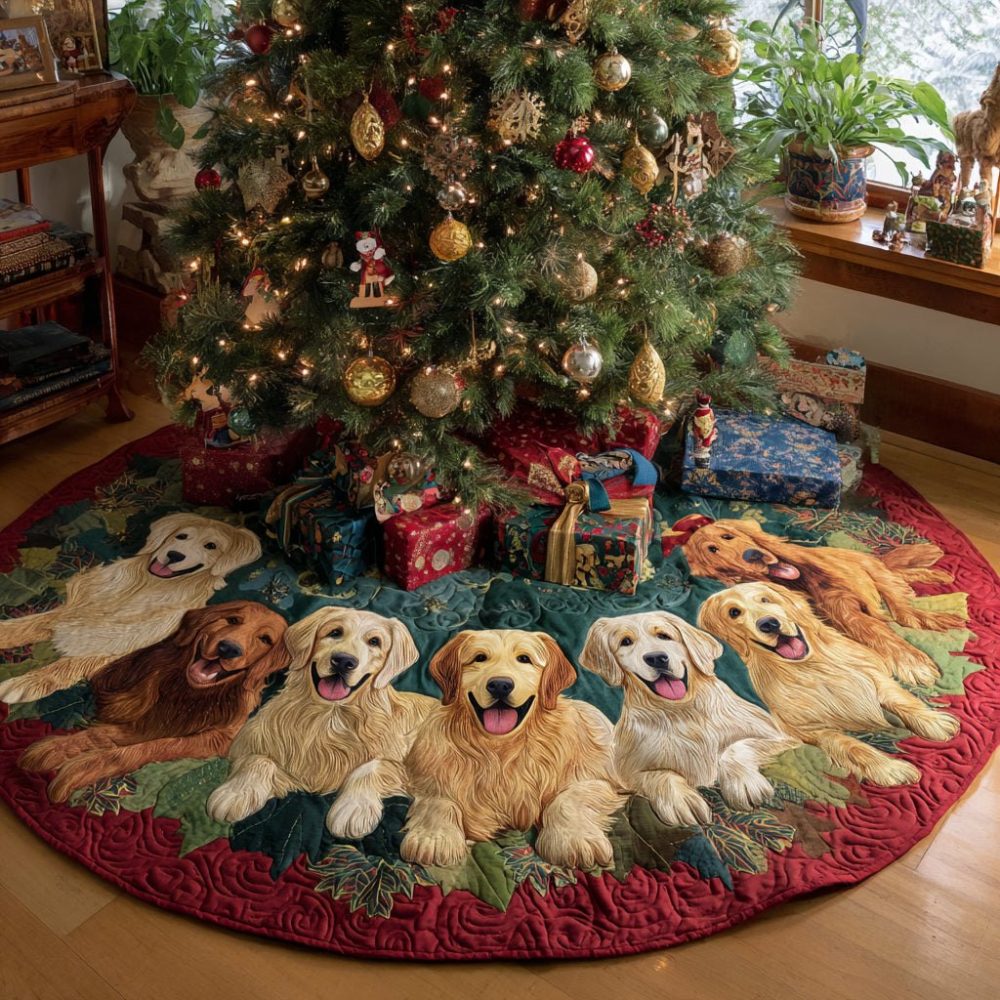 Snowy Wreath Christmas Tree Skirt With Relaxed Golden Retrievers — Custom Made Holiday Skirt For Pet-Friendly Home Decor