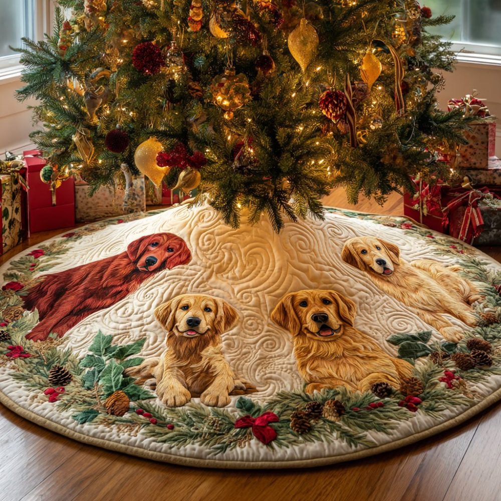 Rainbow Patch Ring Christmas Tree Skirt With Golden Retrievers - Vibrant Custom Holiday Tree Skirt, Perfect Gift For Dog Owners