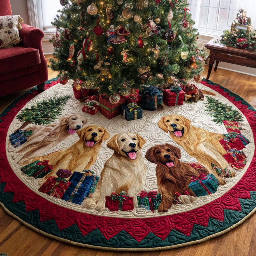 Snowy Christmas Tree Skirt With Golden Retrievers In Red Scarves - Custom Holiday Pet Decor, Made-To-Order Warm & Festive