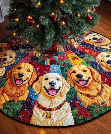 Bright Patch Wheel Christmas Tree Skirt With Golden Retrievers - Custom Made Holiday Tree Skirt, Colorful Farmhouse & Pet Decor