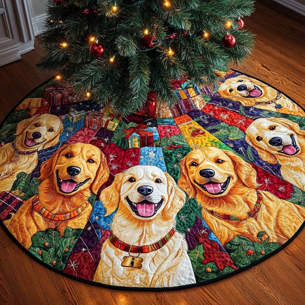 Bright Patch Wheel Christmas Tree Skirt With Golden Retrievers - Custom Made Holiday Tree Skirt, Colorful Farmhouse & Pet Decor