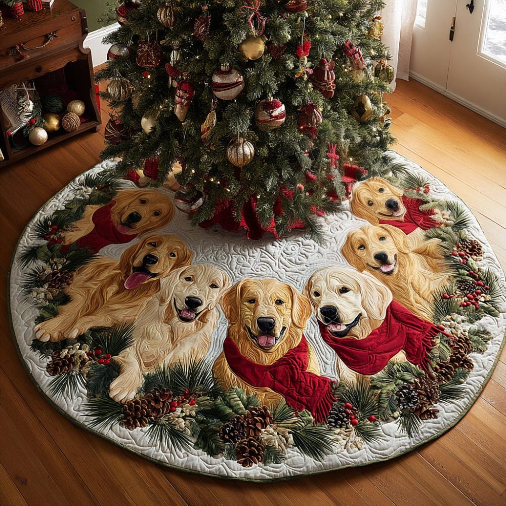 Teal Christmas Tree Skirt With Golden Retrievers In Santa Hats - Made-To-Order Holiday Dog Decor, Bright Festive Tree Accent