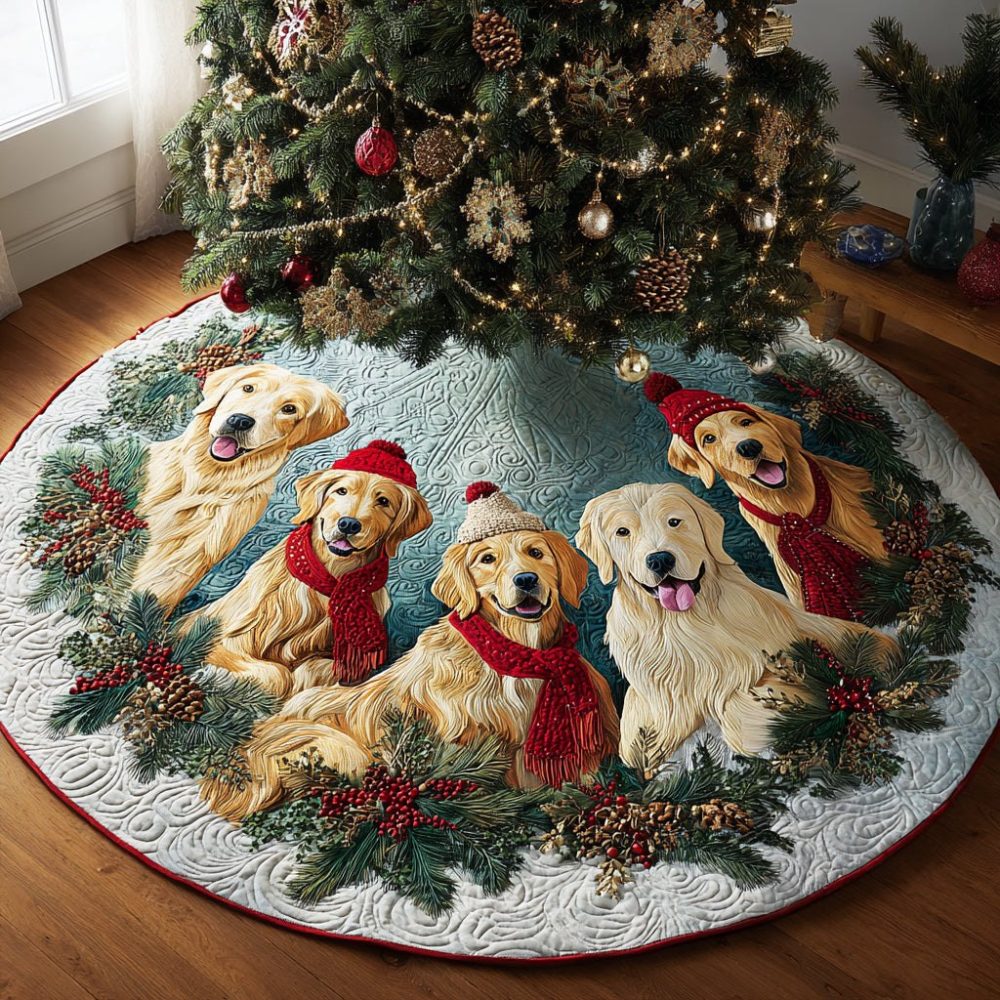Tartan Ring Christmas Tree Skirt With Golden Retrievers In Cozy Hats - Custom Made Holiday Tree Skirt For Dog Lovers & Rustic Homes