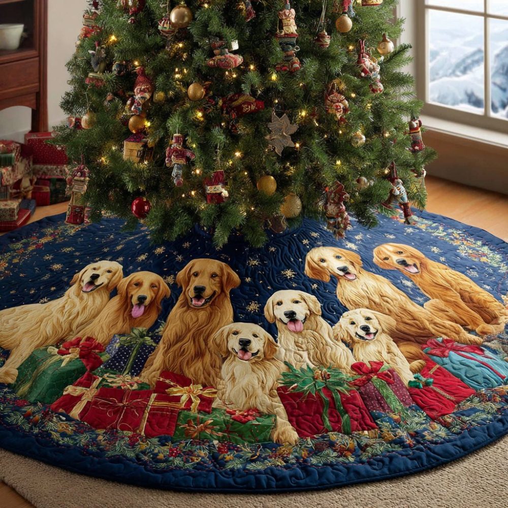 Dark Plaid Hem Christmas Tree Skirt With Golden Retriever Family - Handcrafted Holiday Tree Skirt, Custom Made For Dog Homes