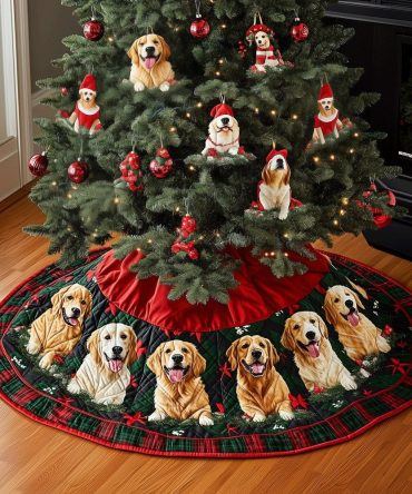 Pine & Berry Wreath Christmas Tree Skirt Featuring Golden Retrievers - Custom Holiday Tree Skirt For Dog Lovers & Festive Mantels