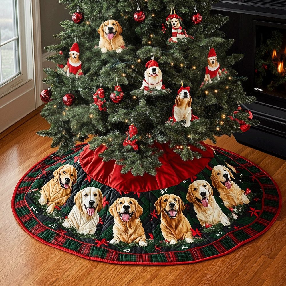 Pine & Berry Wreath Christmas Tree Skirt Featuring Golden Retrievers - Custom Holiday Tree Skirt For Dog Lovers & Festive Mantels
