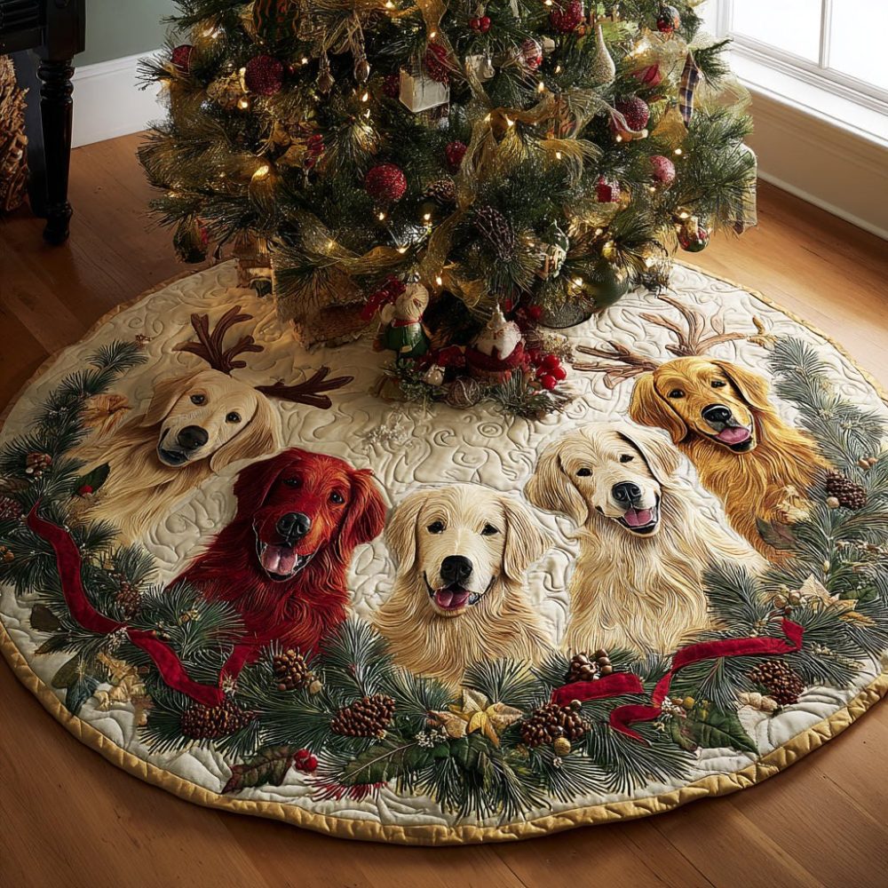 Ivory Christmas Tree Skirt With Golden Retrievers & Red Blanket Accent - Made-To-Order Cozy Holiday Decor For Pet Parents