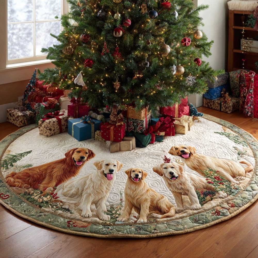 Snowy Golden Retriever Litter Tree Skirt - Custom Round Holiday Tree Skirt Featuring Puppies In Snow, Made-To-Order