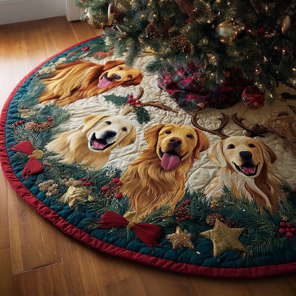 Teal Holiday Tree Skirt With Golden Retriever & Shimmer Stars - Custom Made-To-Order Christmas Decor For Dog Lovers