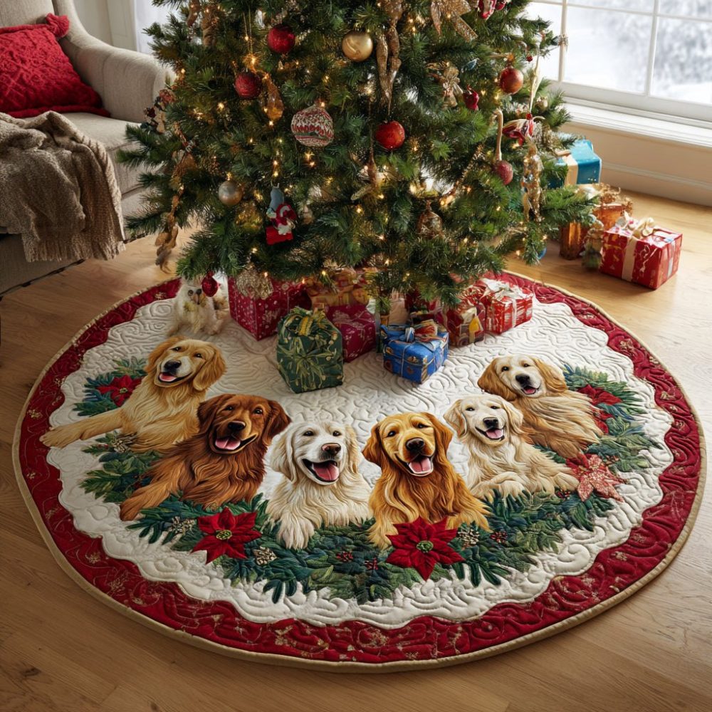Golden Retrievers In Holly Berry Wreath Tree Skirt — Festive Pet Lover'S Holiday Skirt, Custom Handmade Sizes & Gift-Ready