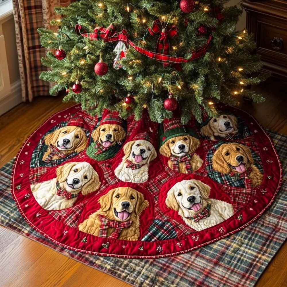 Golden Retriever Wonderland Custom Christmas Tree Skirt — Personalized Dog Lover Holiday Skirt, Washable, Made-To-Order