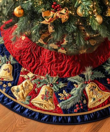 Golden Ribbons Luxe Tree Skirt — Handcrafted Ribbon-Accented Christmas Tree Skirt In Gold, Custom Sizing & Personalization Available