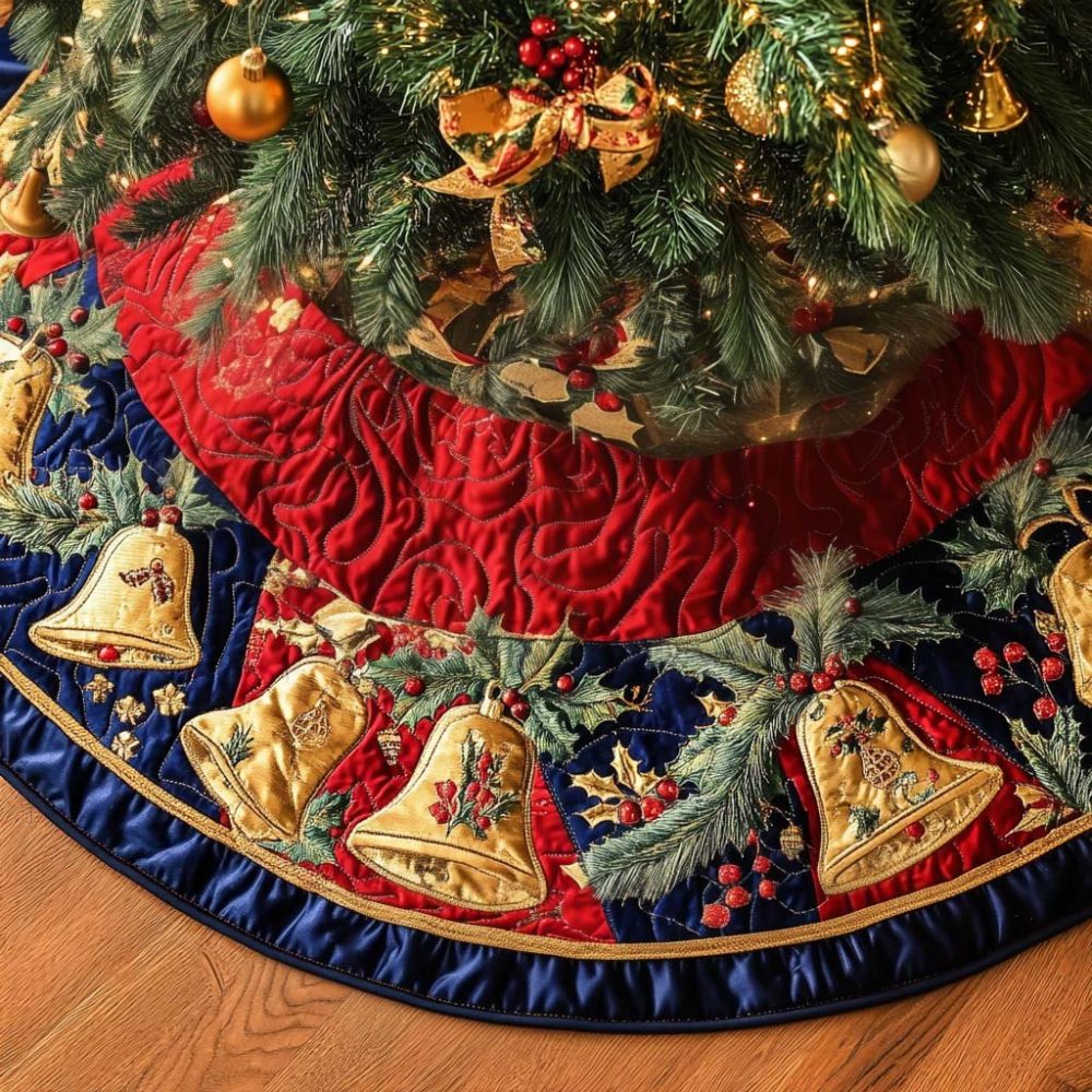 Golden Ribbons Luxe Tree Skirt — Handcrafted Ribbon-Accented Christmas Tree Skirt In Gold, Custom Sizing & Personalization Available