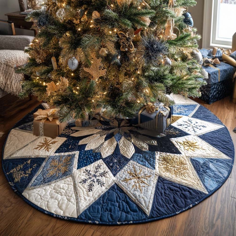 Golden Snowflake Holiday Tree Skirt — Intricate Gold Snowflake Christmas Tree Skirt, Made-To-Order Luxury Fabric & Custom Sizing