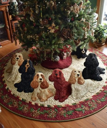 Golden Spaniel Joy Tree Skirt — Custom Spaniel Christmas Skirt With Gold Accents, Handmade For Pet Lovers & Personalized Options