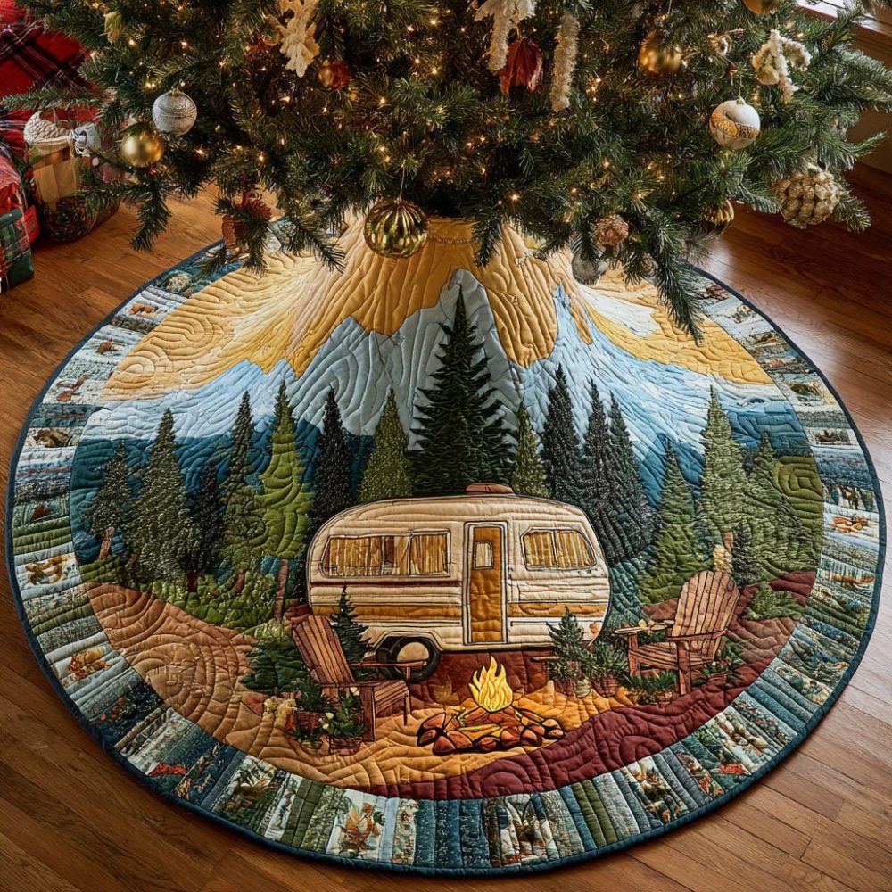 Golden Trail Holiday Tree Skirt — Handcrafted Gold-Trimmed Christmas Tree Skirt, Custom Size Options & Personalized Monogramming