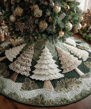 Golden Trees Deluxe Tree Skirt — Elegant Gold Tree Pattern, Made-To-Order Christmas Tree Skirt In Premium Fabrics & Custom Sizing