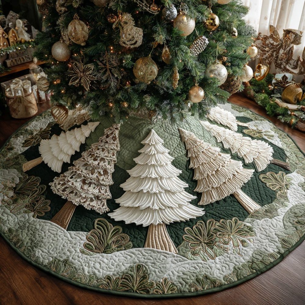 Golden Trees Deluxe Tree Skirt — Elegant Gold Tree Pattern, Made-To-Order Christmas Tree Skirt In Premium Fabrics & Custom Sizing