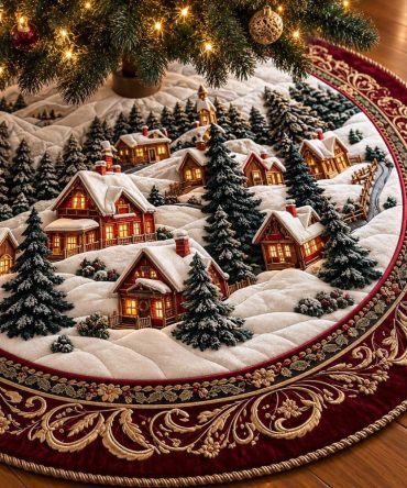 Golden Village Christmas Tree Skirt - Handcrafted Luminous Velvet Skirt With Golden Village Embroidery, Custom Sizes For Holiday Elegance