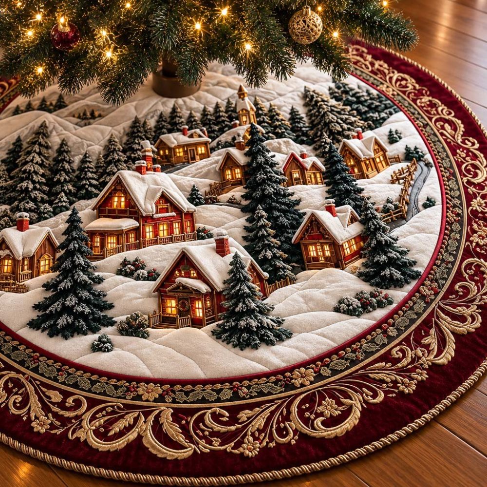 Golden Village Christmas Tree Skirt - Handcrafted Luminous Velvet Skirt With Golden Village Embroidery, Custom Sizes For Holiday Elegance