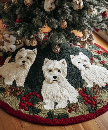 Golden Westie Glow Tree Skirt — Handmade Westie Dog Christmas Tree Skirt In Gold Accents, Custom Sizes & Personalized Options