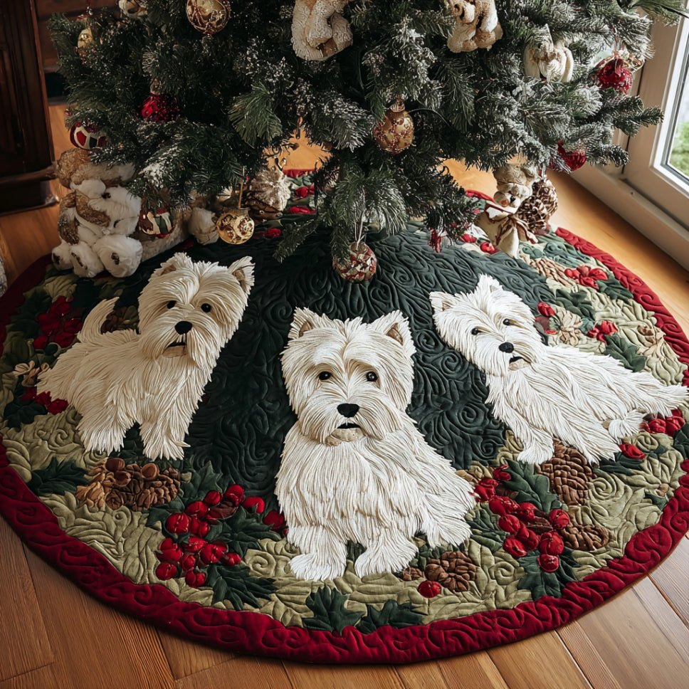 Golden Westie Glow Tree Skirt — Handmade Westie Dog Christmas Tree Skirt In Gold Accents, Custom Sizes & Personalized Options