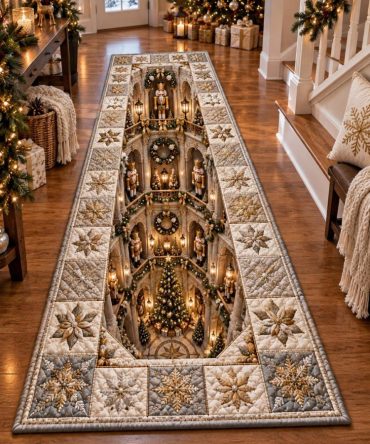 Luxurious Golden Christmas Hall Runner — Shimmery Holiday Carpet Runner, Non-Slip, Stain-Resistant For Entryways & Stairs