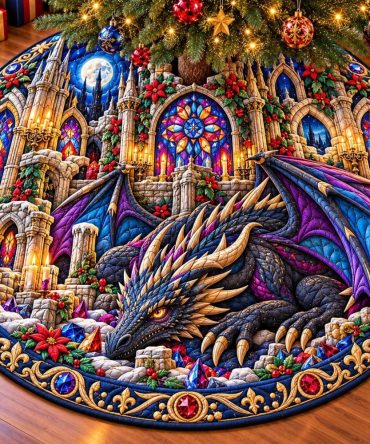 Handcrafted Gothic Jewel Dragon Christmas Tree Skirt — Embroidered Gem Accents, Custom Sizes & Luxe Holiday Statement
