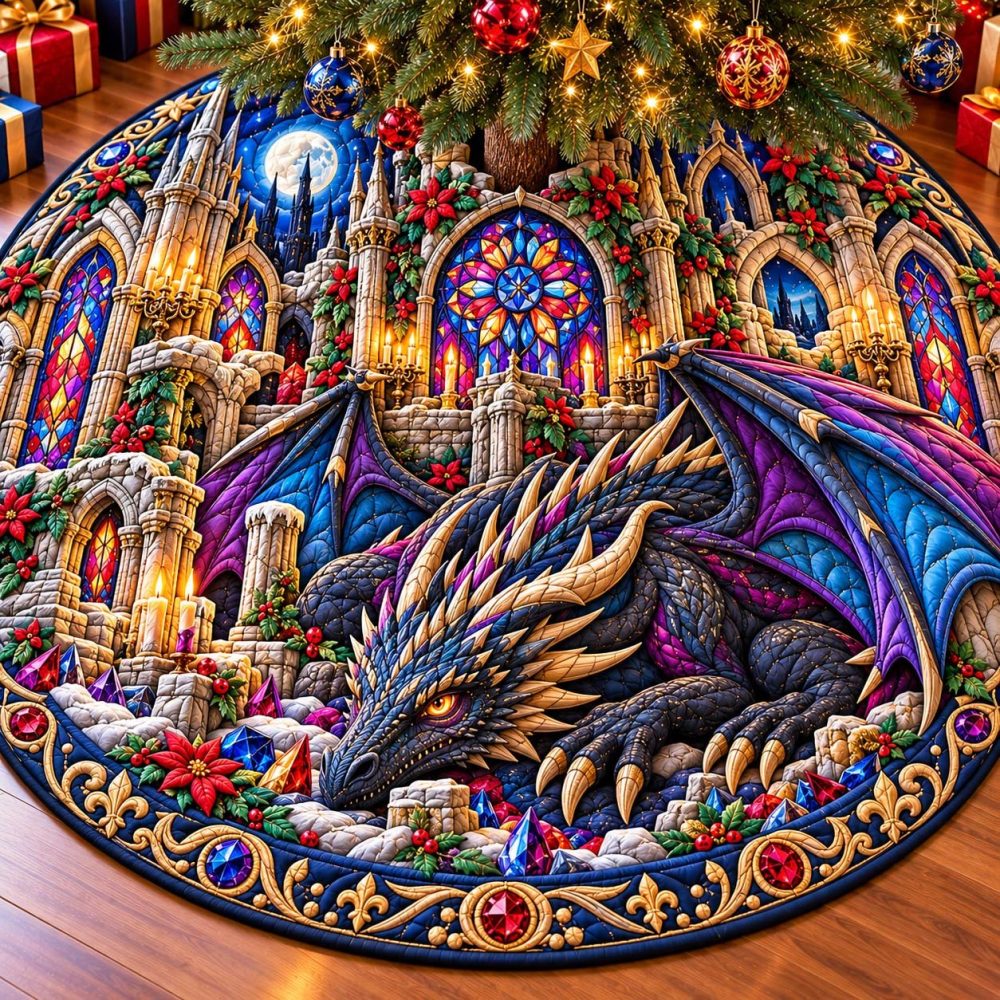 Handcrafted Gothic Jewel Dragon Christmas Tree Skirt — Embroidered Gem Accents, Custom Sizes & Luxe Holiday Statement