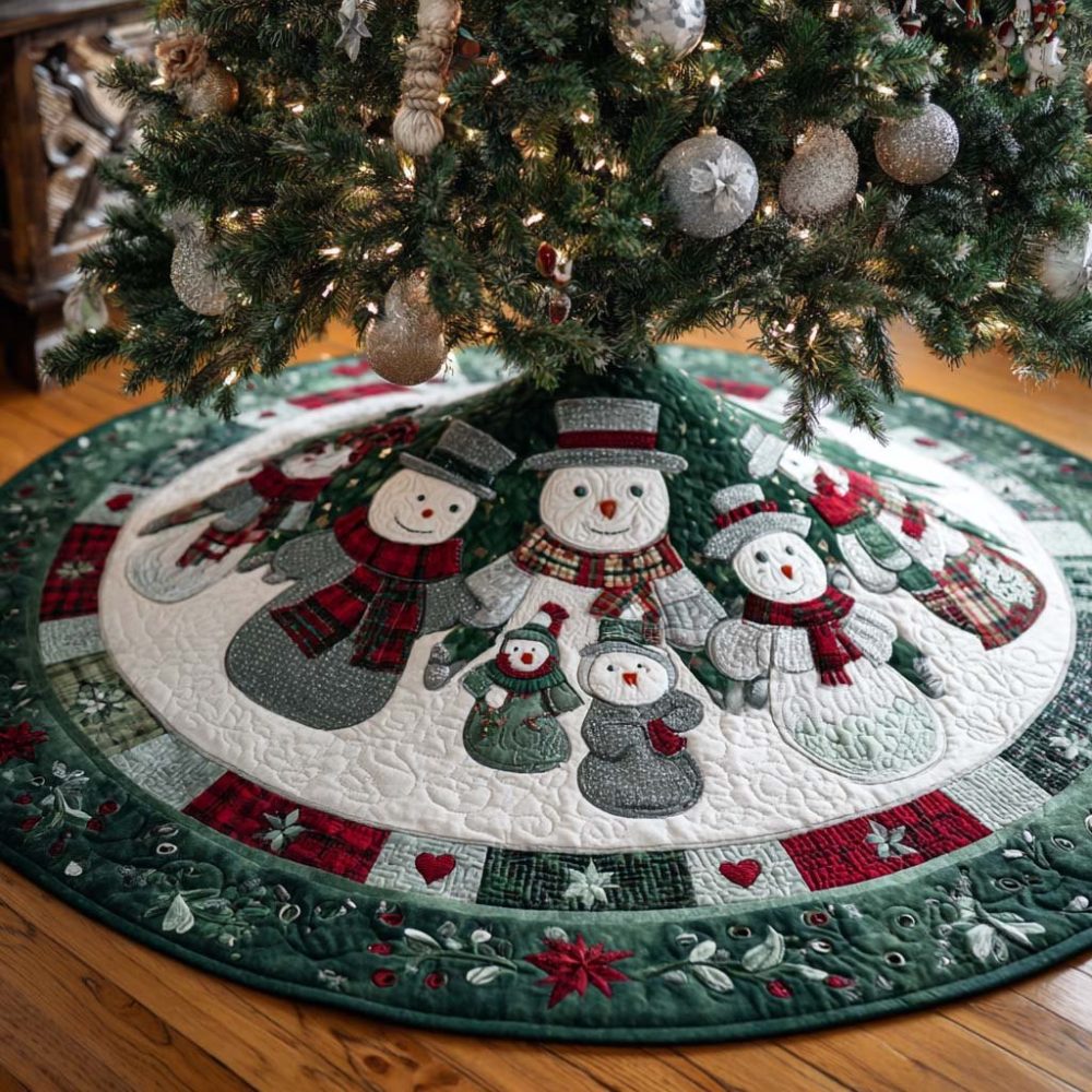 Green Cozy Snowmen Christmas Tree Skirt — Handmade Cute Snowman Holiday Skirt, Soft Fabric, Custom Sizes, Made-To-Order