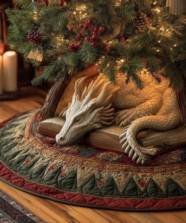 Guardian Dragon Glow Made-To-Order Christmas Tree Skirt — Handcrafted Glow-Accented Holiday Skirt For Dramatic Festive Displays