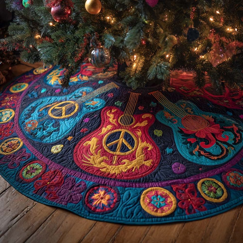 Acoustic Guitar Harmony Christmas Tree Skirt — Custom Made-To-Order Musical Tree Skirt With Acoustic Guitar Art For Songwriters