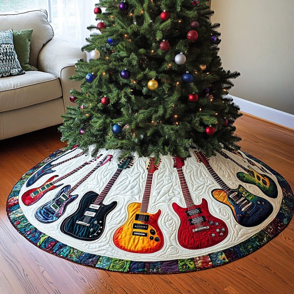 Electric Guitar Pulse Music-Themed Christmas Tree Skirt — Made-To-Order Holiday Skirt For Musicians & Music Lovers With Guitar Design