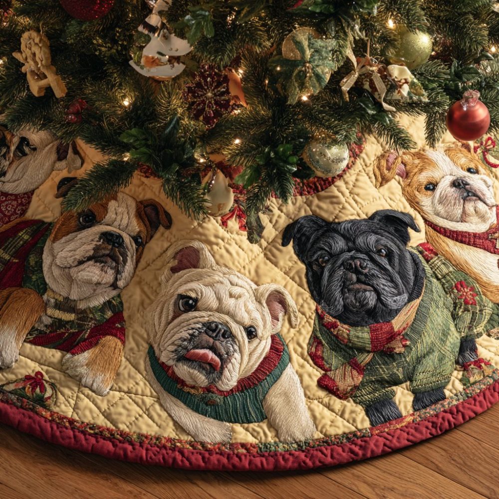 Festive Bulldogs In Christmas Sweaters Tree Skirt - Custom Handmade Holiday Base For Pet Lovers, Multiple Sizes Available