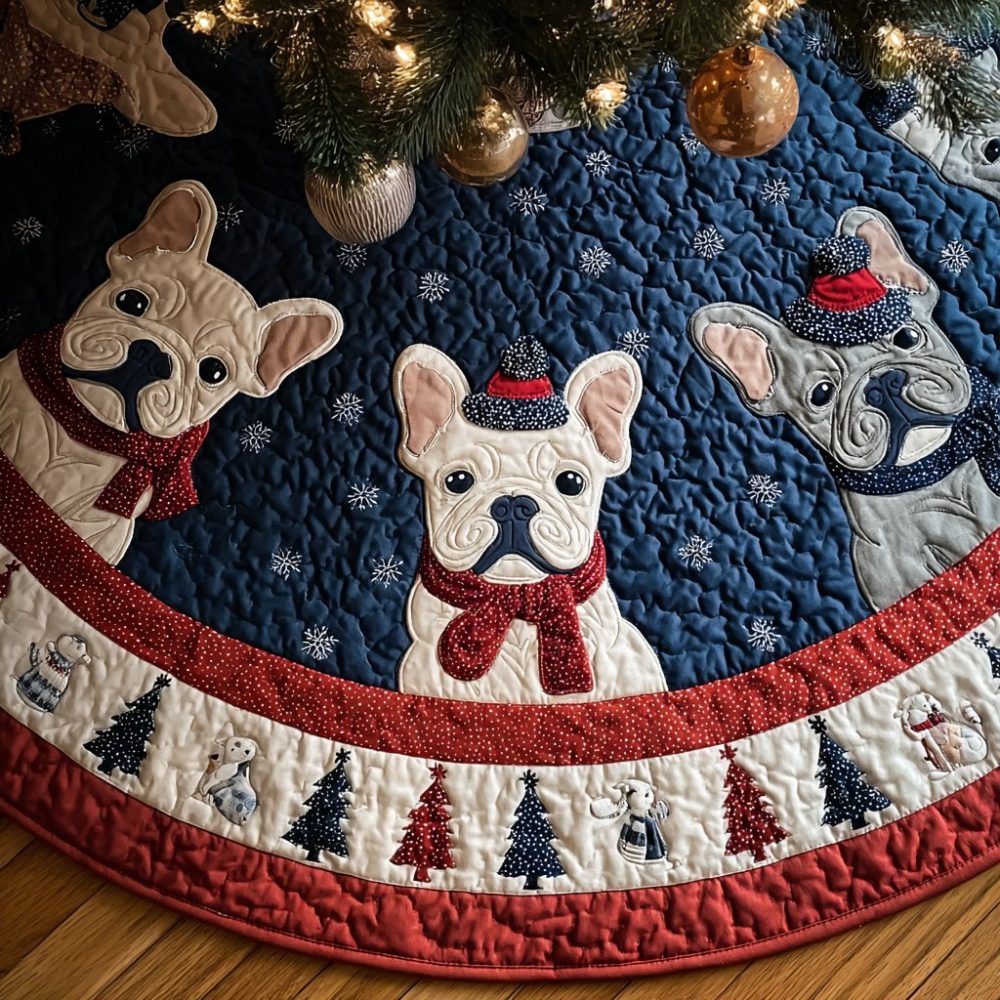 Stylish French Bulldog Christmas Tree Skirt — Custom Made-To-Order Holiday Skirt With Frenchie Illustration, Perfect Gift For Owners