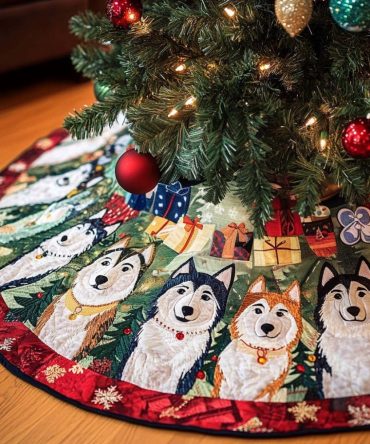 Arctic Husky Custom Christmas Tree Skirt — Made-To-Order Holiday Tree Skirt With Siberian Husky Design For Winter-Themed Decor