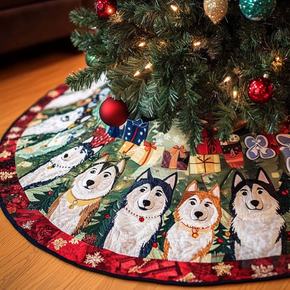 Arctic Husky Custom Christmas Tree Skirt — Made-To-Order Holiday Tree Skirt With Siberian Husky Design For Winter-Themed Decor