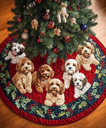 Cute Labradoodle Personalized Christmas Tree Skirt — Made-To-Order Holiday Tree Skirt With Labradoodle Illustration For Dog Fans