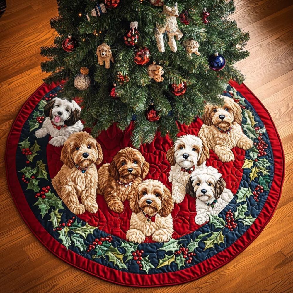 Cute Labradoodle Personalized Christmas Tree Skirt — Made-To-Order Holiday Tree Skirt With Labradoodle Illustration For Dog Fans