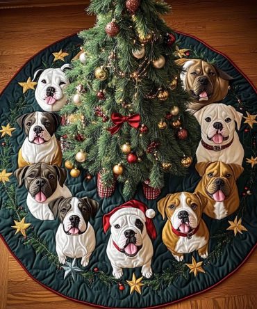 Bold Pitbull Personalized Christmas Tree Skirt — Custom Made-To-Order Holiday Tree Skirt Featuring Pit Bull Artwork For Dog Lovers