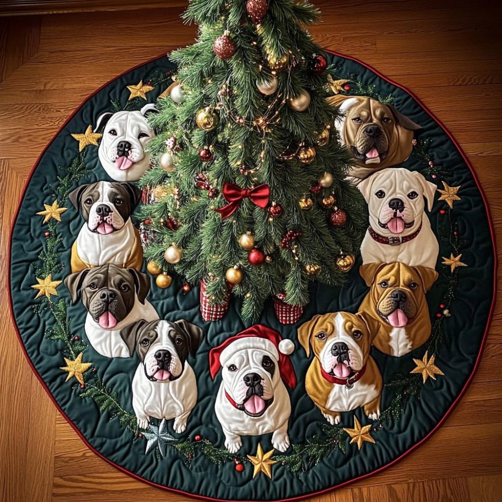 Bold Pitbull Personalized Christmas Tree Skirt — Custom Made-To-Order Holiday Tree Skirt Featuring Pit Bull Artwork For Dog Lovers
