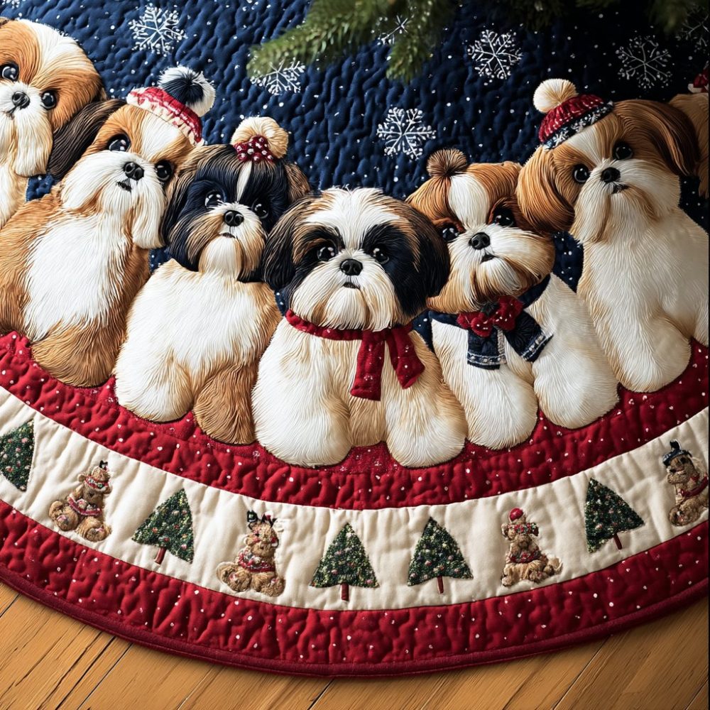Cute Shih Tzu Custom Christmas Tree Skirt — Made-To-Order Holiday Decor For Shih Tzu Owners With Personalized Pet Art
