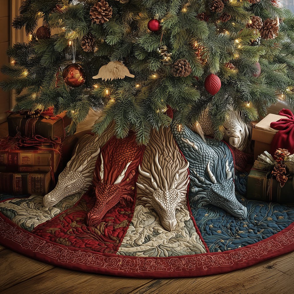 Hearthscale Dragon Holiday Tree Skirt — Fantasy-Themed Made-To-Order Christmas Skirt With Dragon Art, Handmade For Unique Seasonal Style