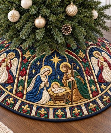 Heavenly Gift Christmas Tree Skirt - Made-To-Order Angelic Holiday Tree Skirt With Gold Threading, Personalized Embroidery Options