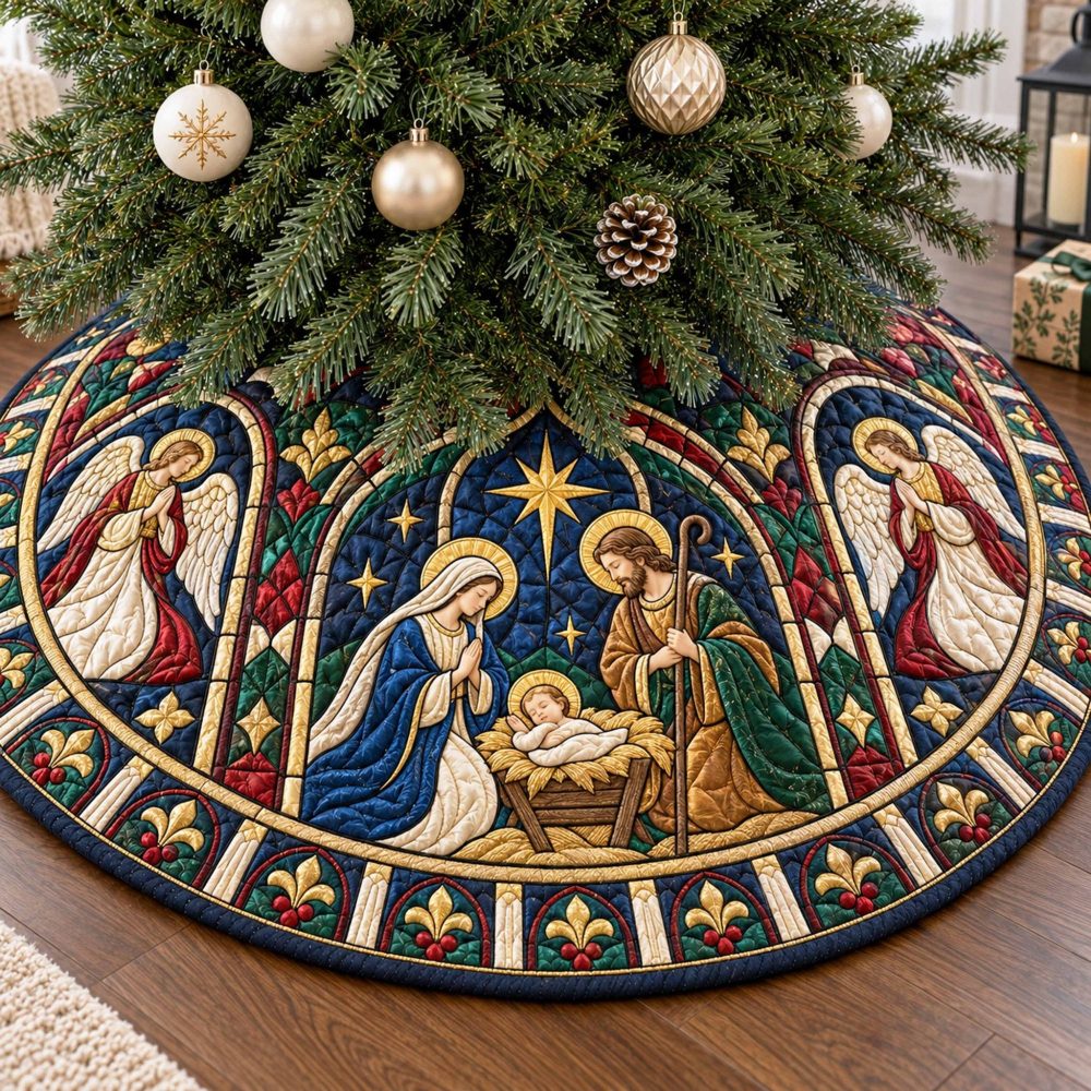 Heavenly Gift Christmas Tree Skirt - Made-To-Order Angelic Holiday Tree Skirt With Gold Threading, Personalized Embroidery Options